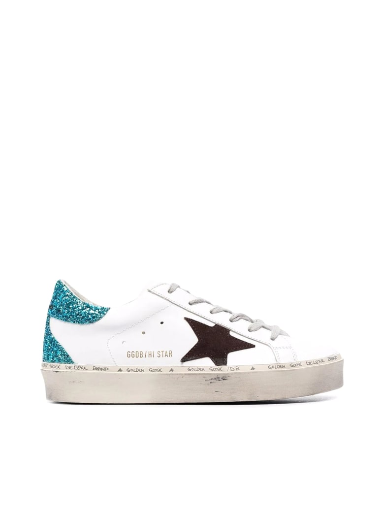 Golden Goose Hi Star Leather Upper Suede Star Glitter Heel And Spur - White Brown Atomic Blue