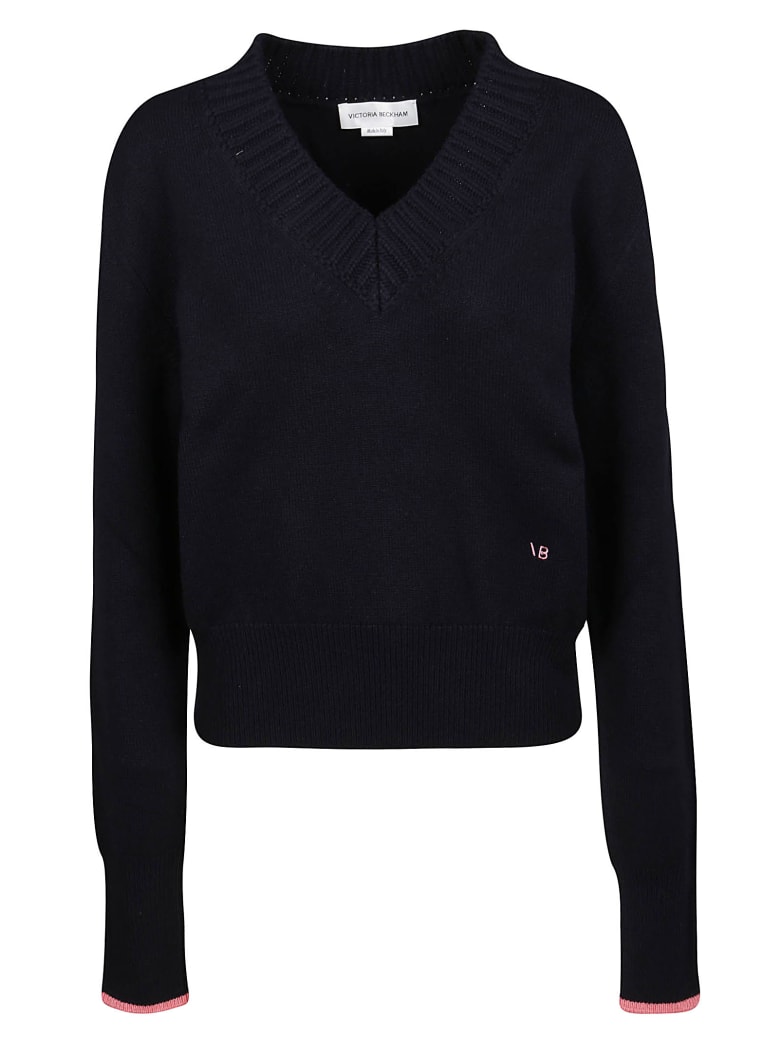 Victoria Beckham Embroidered V-neck Sweater - Navy/Pink