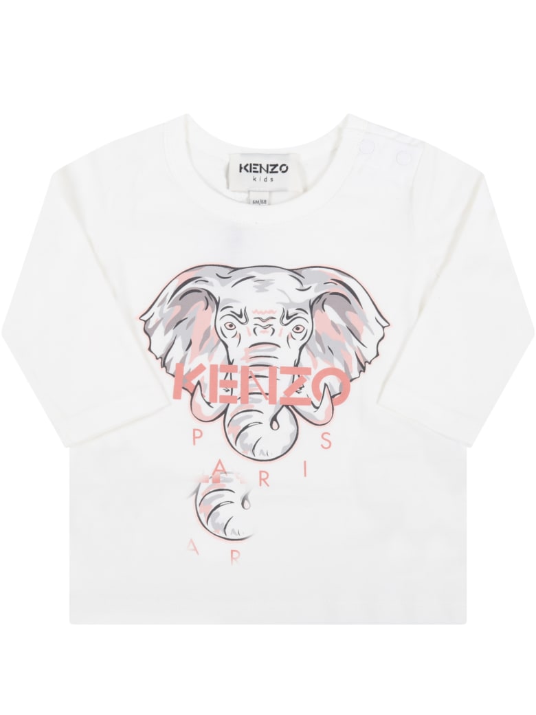 Kenzo Kids White T-shirt For Baby Girl With Elephant - White