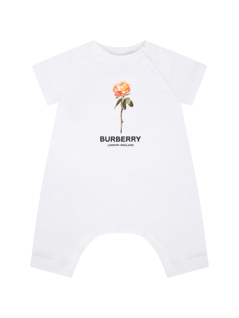 Burberry White Romper For Babygirl With Rose - White