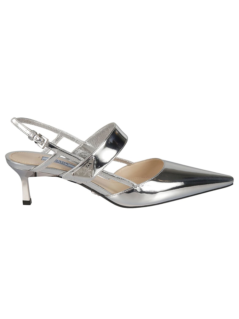 Prada Logo Plaque Side Buckle Slingback Pumps - Silver