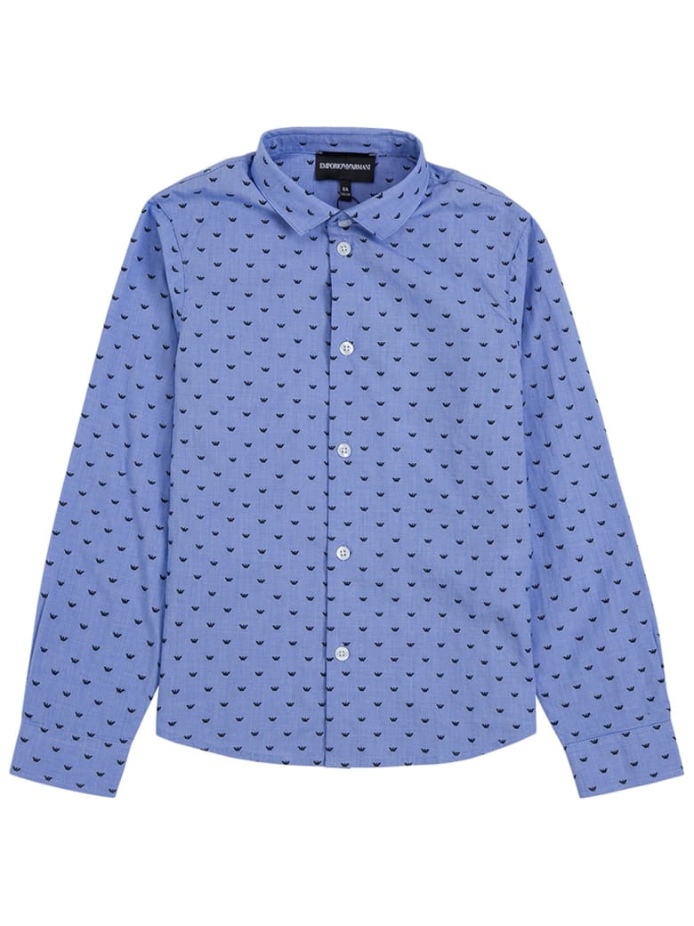 Emporio Armani Light Blue Cotton Shirt With Allover Logo Print - Light blue