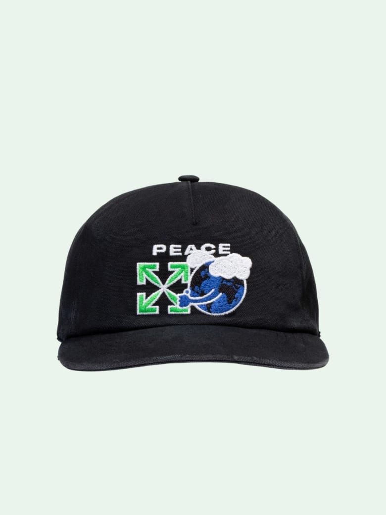 Off-White Cotton Cap With Peace Worldwide Embroidery - Black