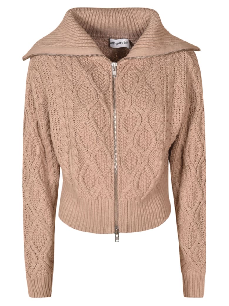 self-portrait Cable Knit Cardigan - Taupe