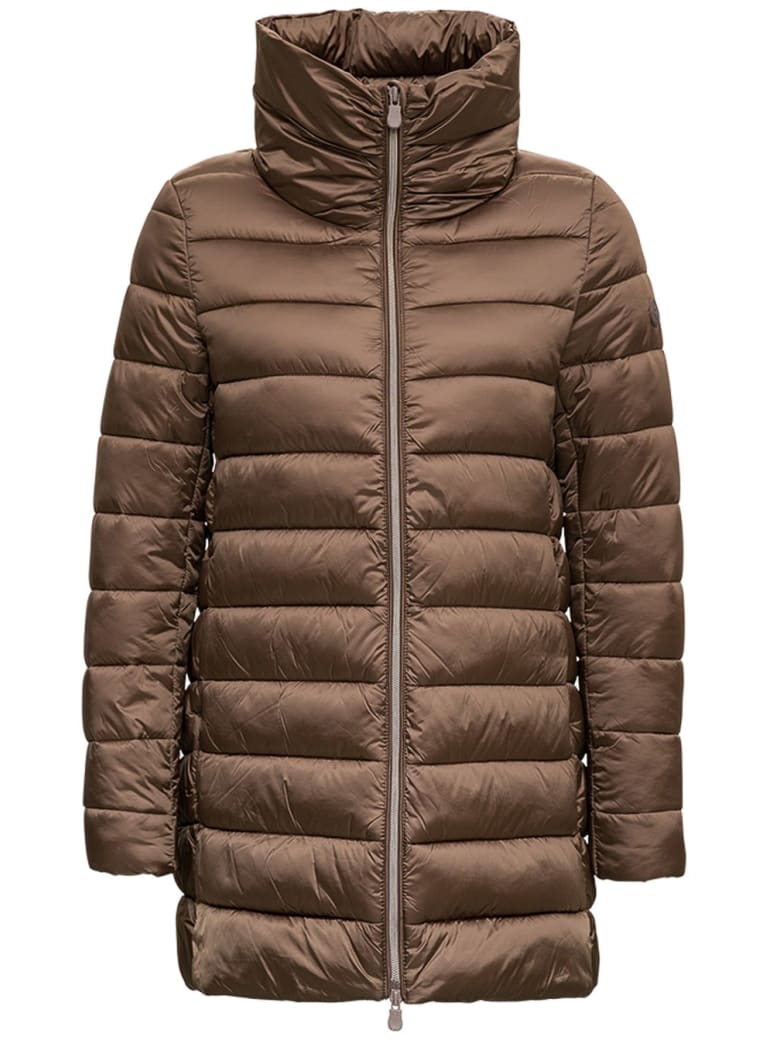 Save the Duck Long Brown Nylon Down Jacket - Brown