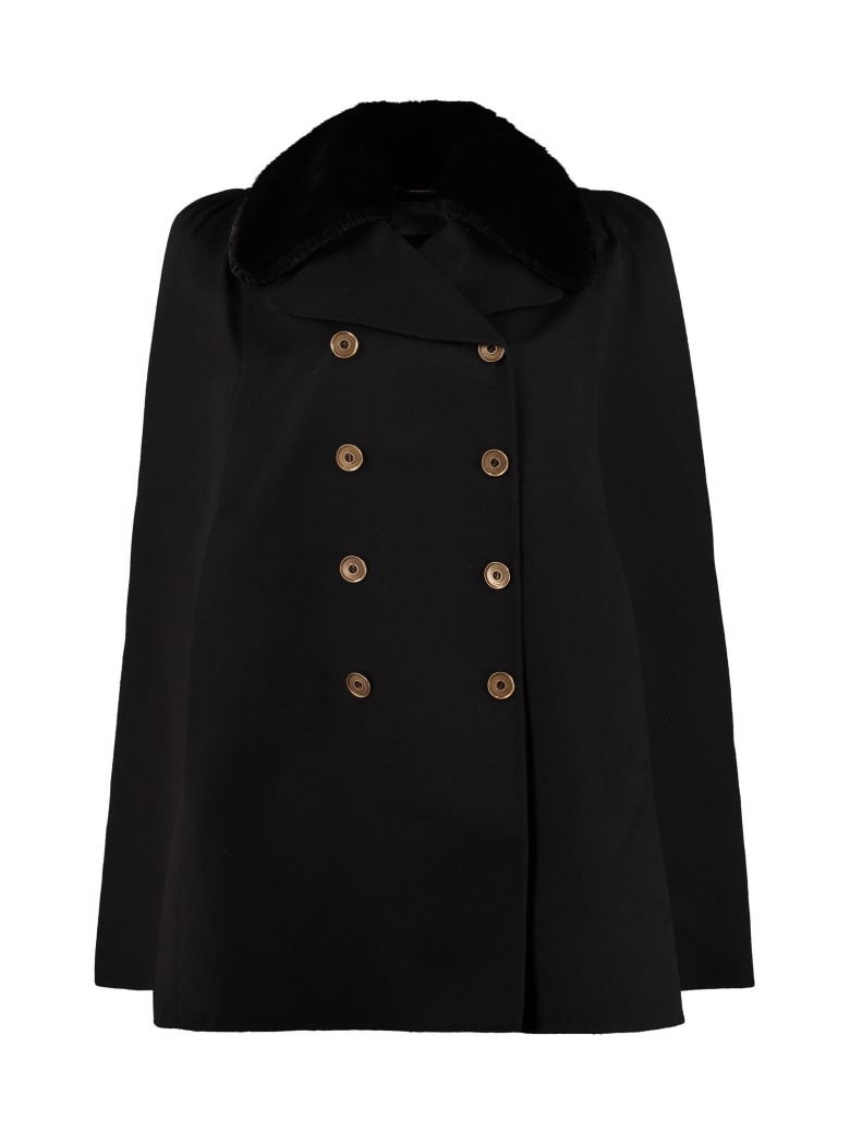 Fendi Fur Collar Wool Cape Coat - black