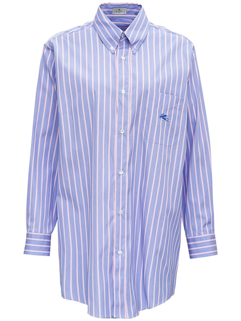 Etro Striped Cotton Poplin Shirt With Logo - Blu