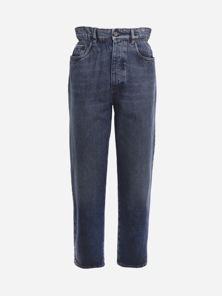 Miu Miu Paper Waist Jeans In Cotton Denim With Logo Detail - Blue