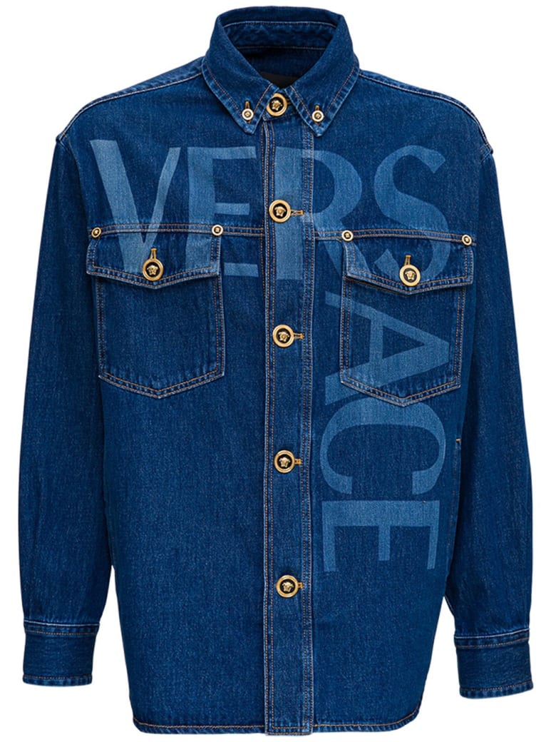 Versace Denim Shirt With Logo Print - Blu
