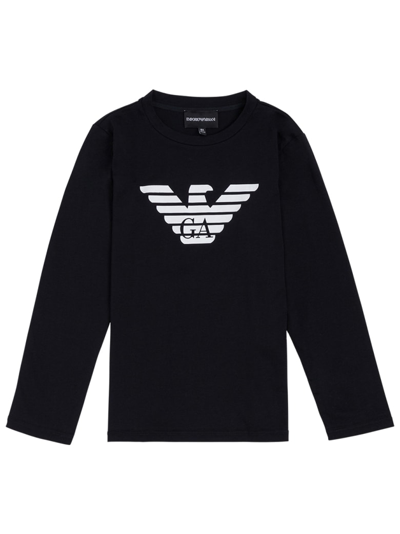 Emporio Armani Long-sleeved Blue Cotton T-shirt With Logo Print - Blu