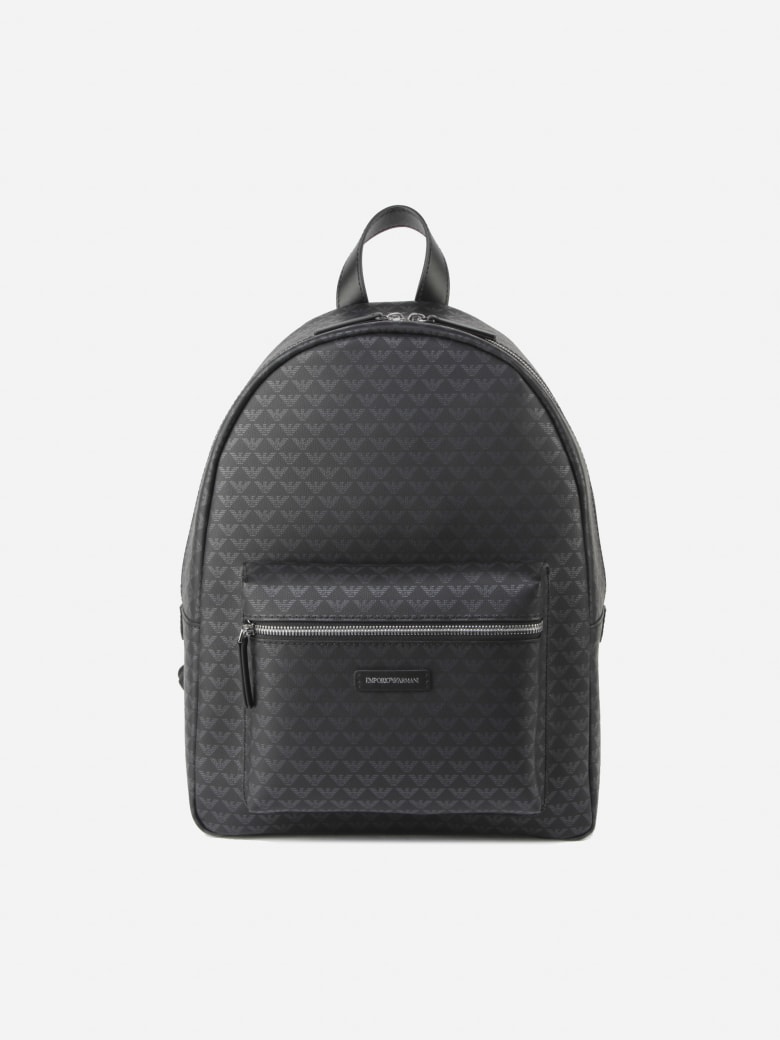 Emporio Armani Backpack With All-over Monogram Print - Nero