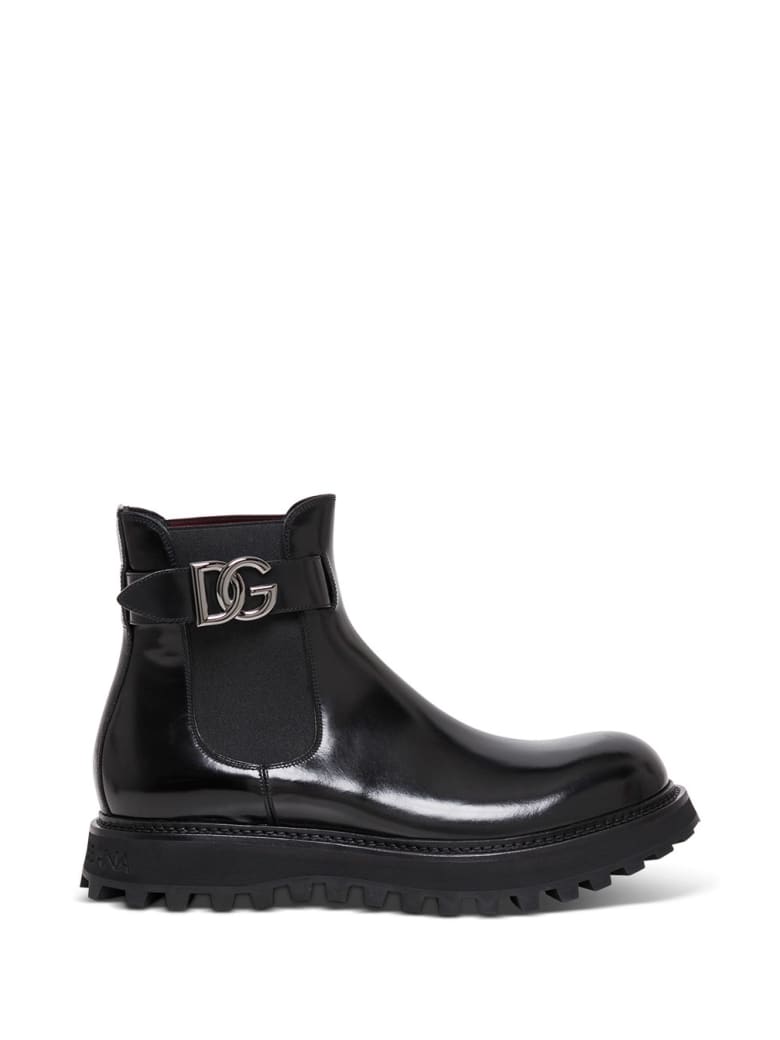 Dolce & Gabbana Glossy Black Leather Boots With Logo - Black