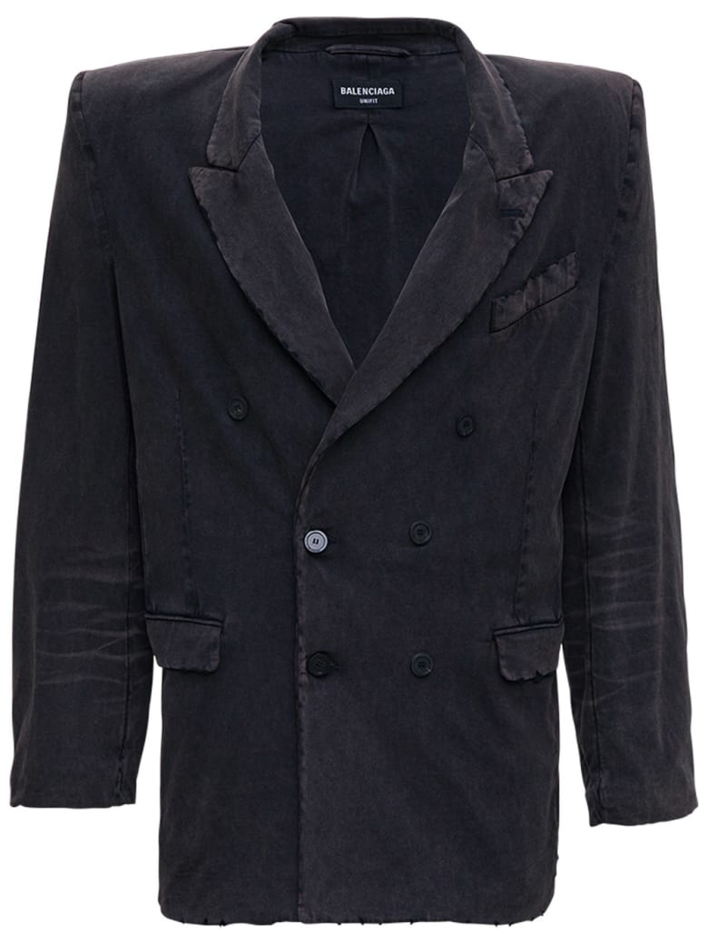 Balenciaga Double-breasted Jacket In Washed Effect Black Cotton - Black