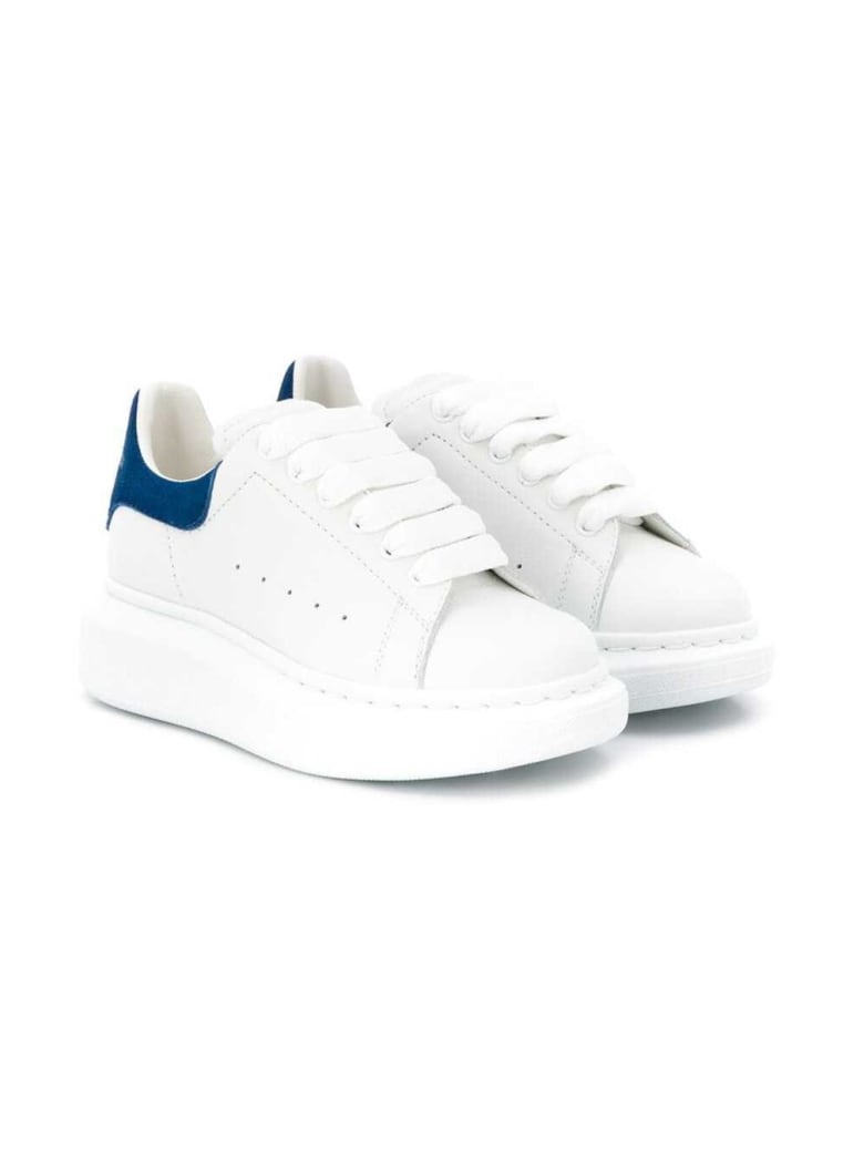 Alexander McQueen White Leather Oversize Sneakers With Blue Heel Tab - White