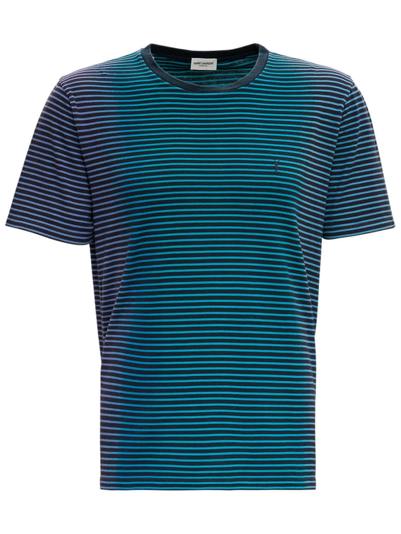 Saint Laurent Striped Cotton T-shirt With Logo - Light blue