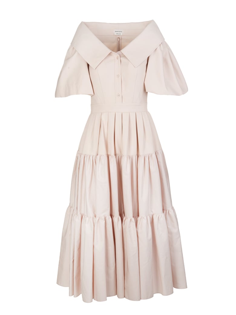 Alexander McQueen Pale Pink Poplin Midi Dress With Open Collar - Tea rose