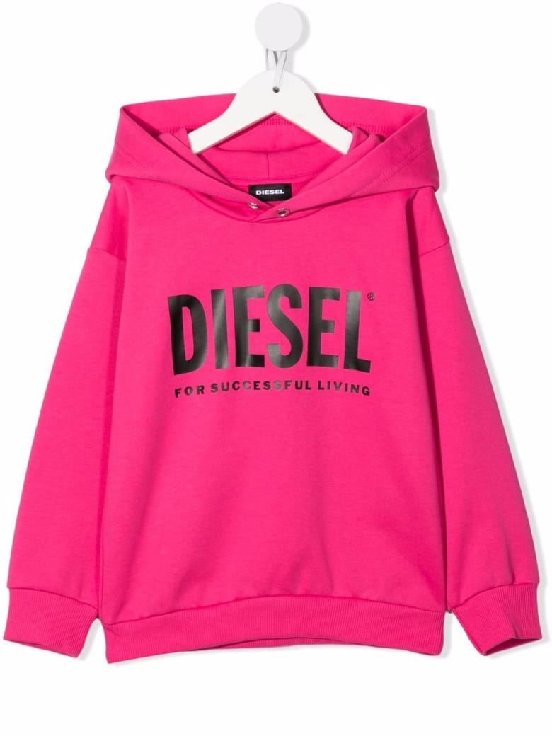 Diesel Kids Fluo Pink Hoodie With Black Oversize Logo