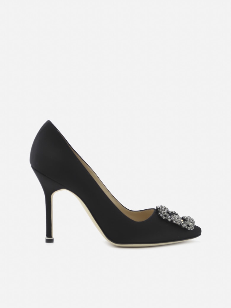 Manolo Blahnik Satin Hangisi Décolleté With Jewel Buckle - Black