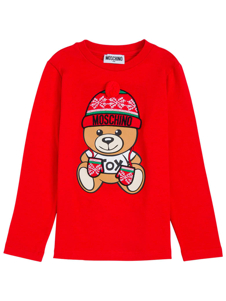 Moschino Long-sleeved Red Cotton T-shirt With Teddy Print - Red