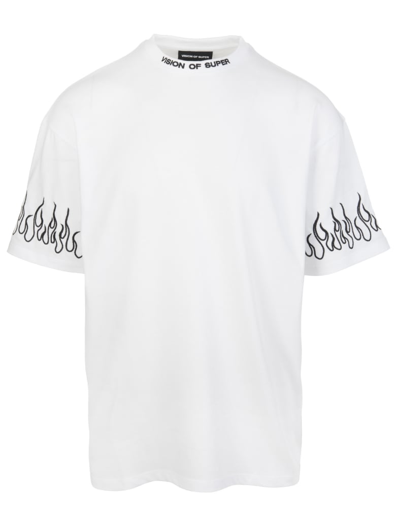 Vision of Super Man White T-shirt With Black Embroidered Flames - White/black