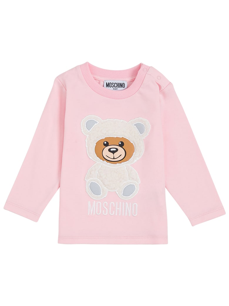 Moschino Long-sleeved Pink Cotton T-shirt With Teddy Bear Print - Pink