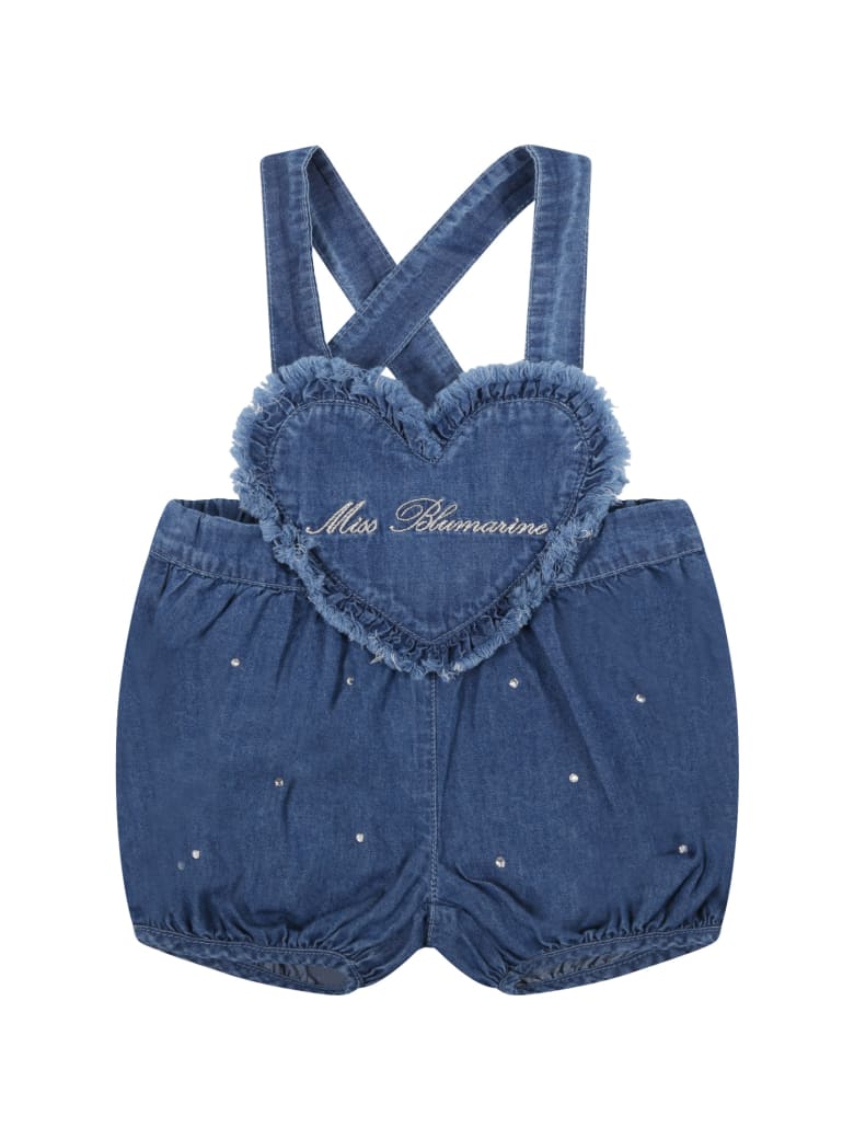 Blumarine Blue Dungarees For Baby Girl With Logo - Denim