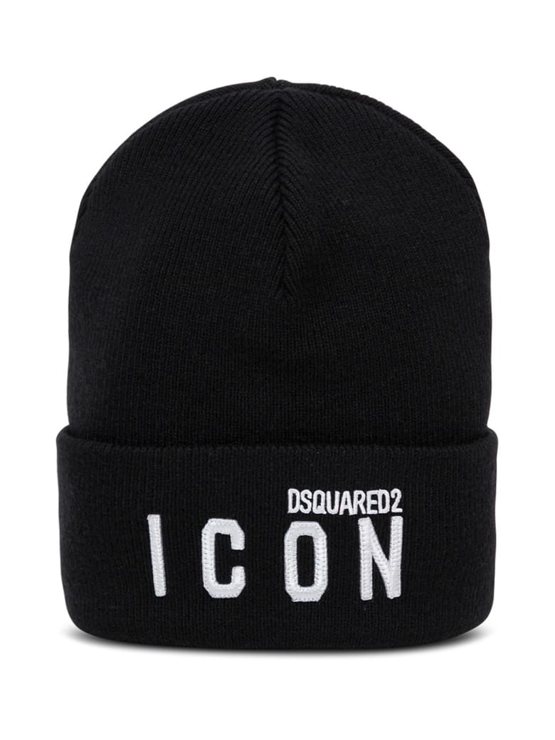 Dsquared2 Black Wool Hat With Logo Print - White/black
