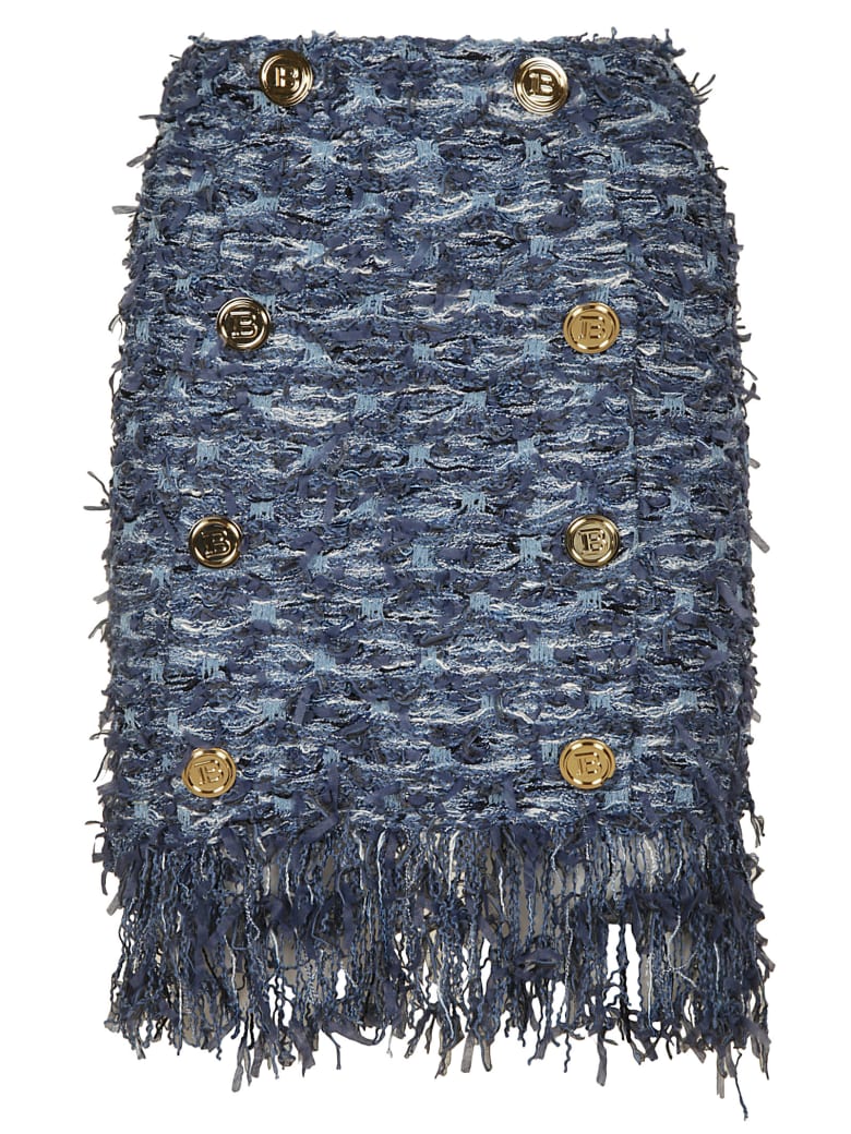 Balmain Button Embellished Tweed Skirt - Denim
