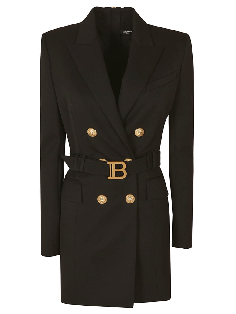 Balmain Rear Zip Belted Waist Blazer Dress - Black