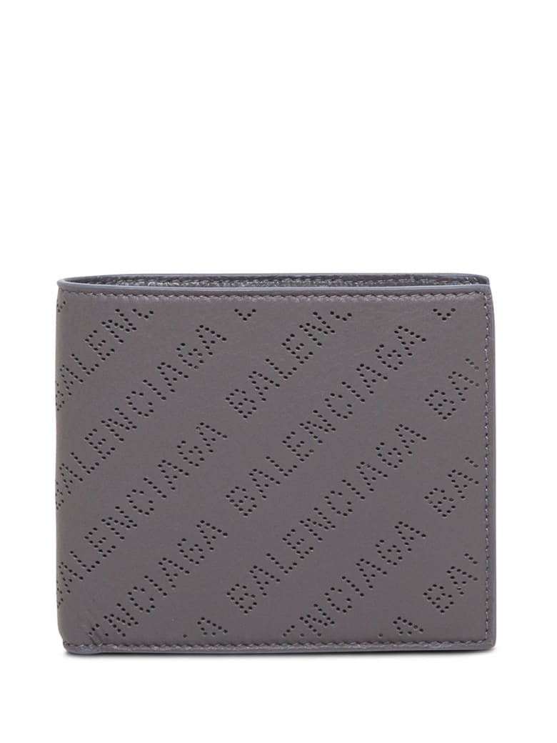 Balenciaga Bifold Grey Leather Wallet With Allover Logo - Grey