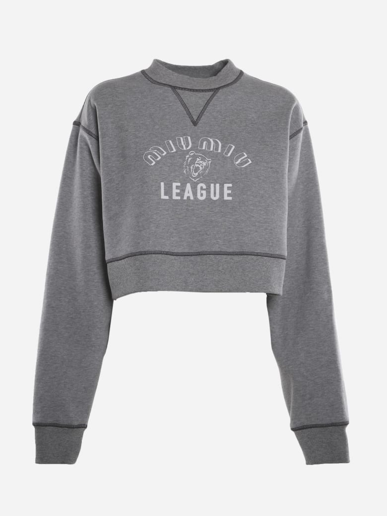 Miu Miu Cropped Cotton Sweatshirt With Rubber-effect Logo Print - Grey