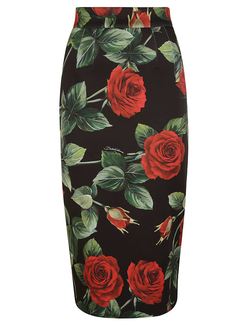 Dolce & Gabbana Rose Print Zipped Skirt - Black