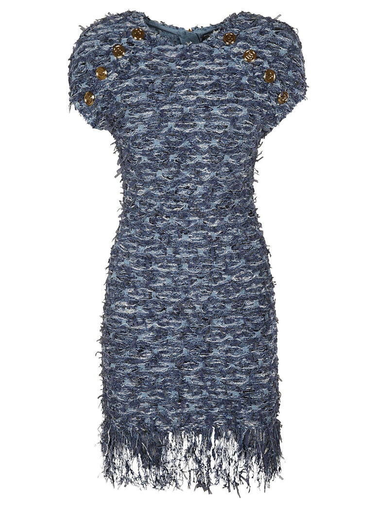 Balmain Button Embellished Tweed Dress - Denim