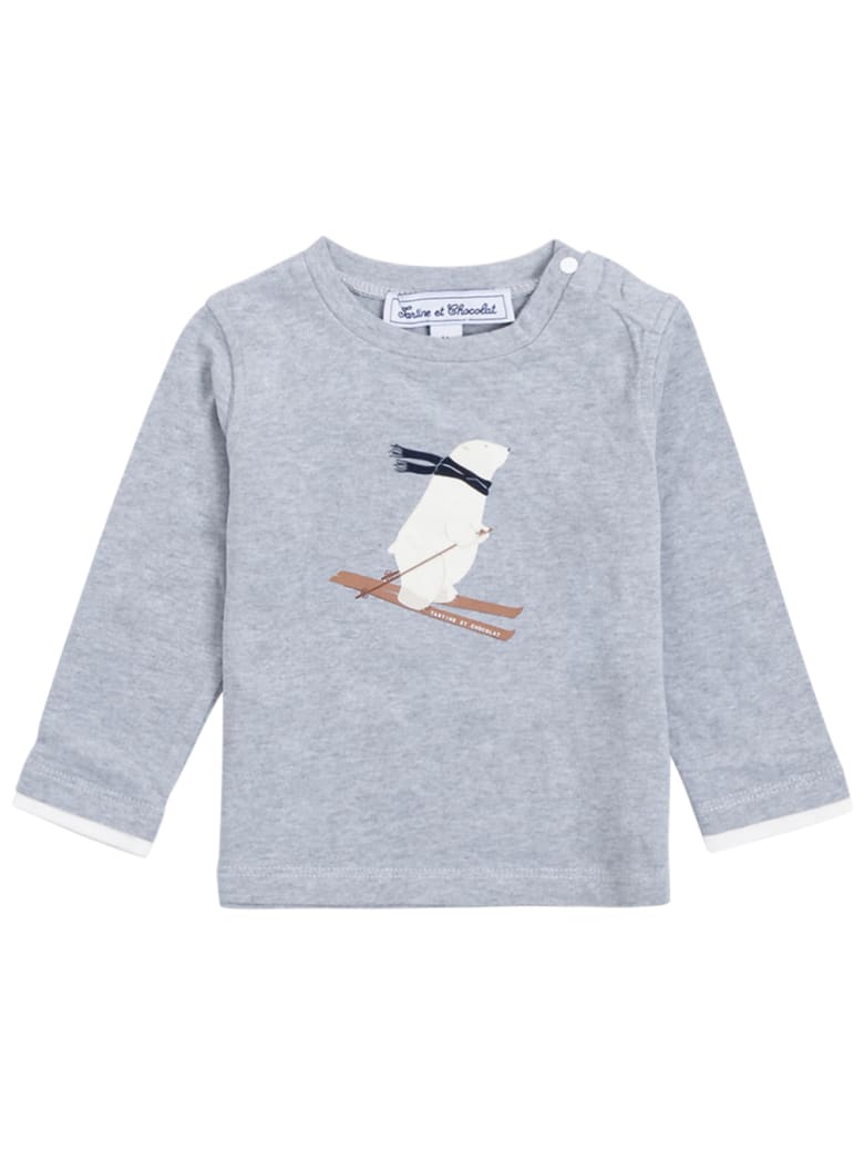 Tartine et Chocolat Long-sleeved Gray Cotton Sweater With Bear Print - Blu