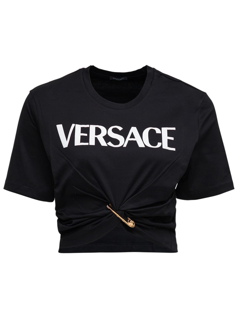 Versace Cropped Cotton T-shirt With Safety Pin Logo Print - Black