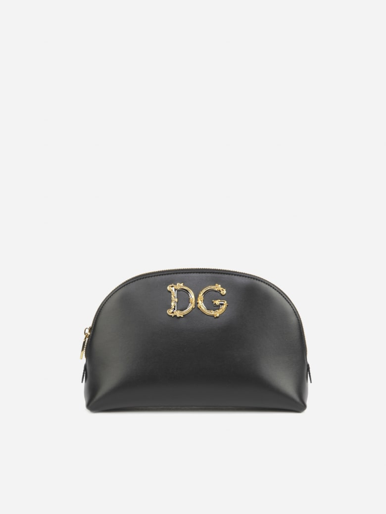 Dolce & Gabbana Necessaire Made Of Calfskin With Baroque Dg Logo - Black