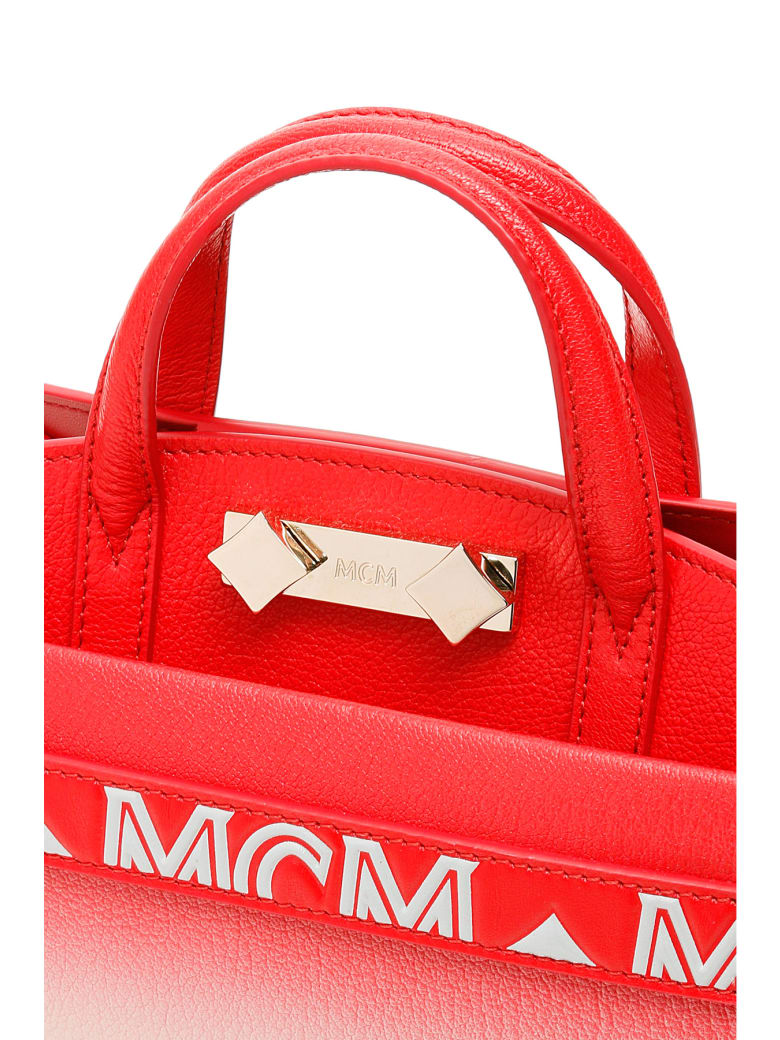 red mcm tote bags