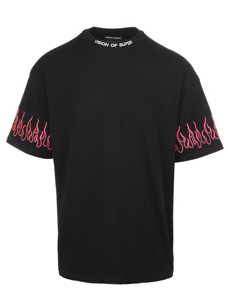 Vision of Super Man Black T-shirt With Fucsia Embroidered Flames - Black/fuxia