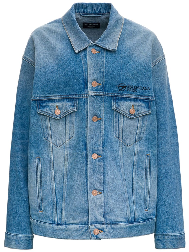 Balenciaga Large Denim Jacket With Logo - Light blue