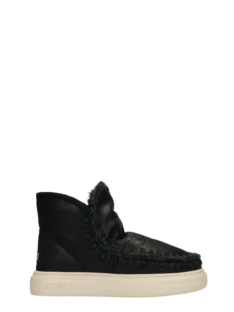 Mou Eskimo Sneaker Low Heels Ankle Boots In Black Leather - black