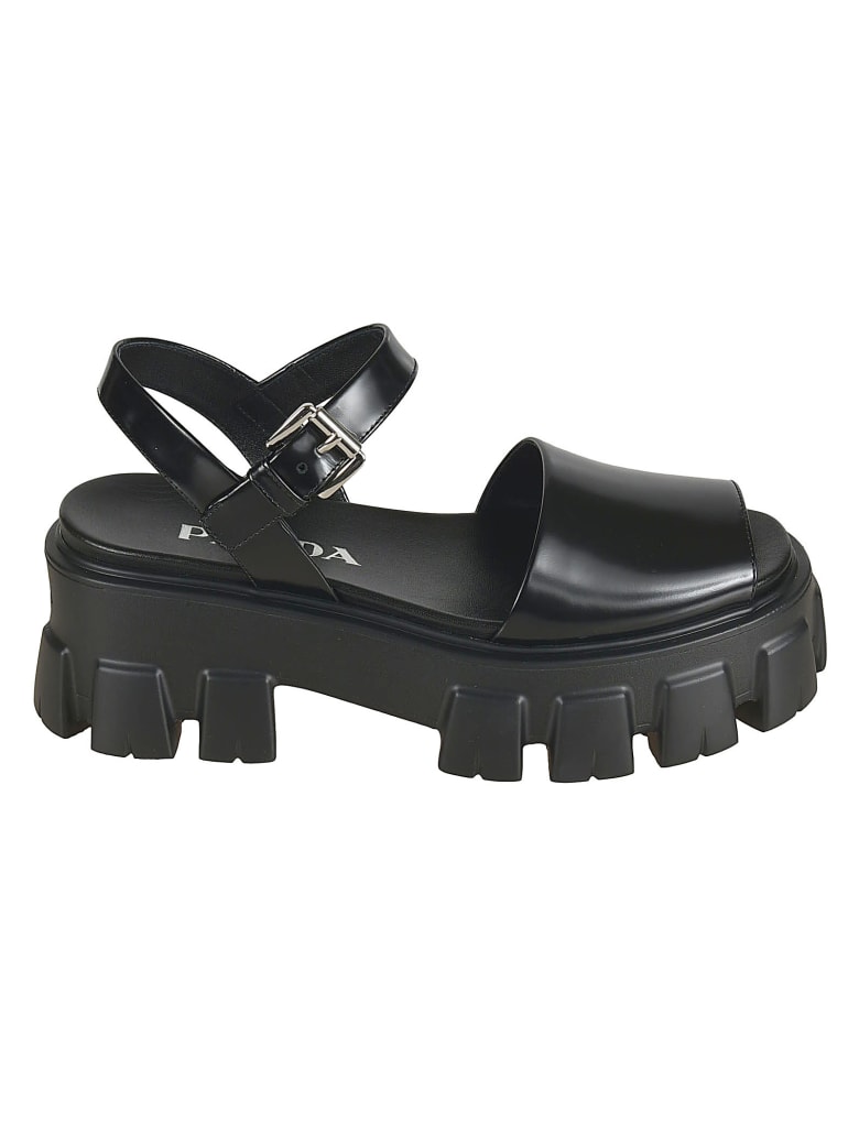 Prada Side Buckled Wedge Sandals - Black