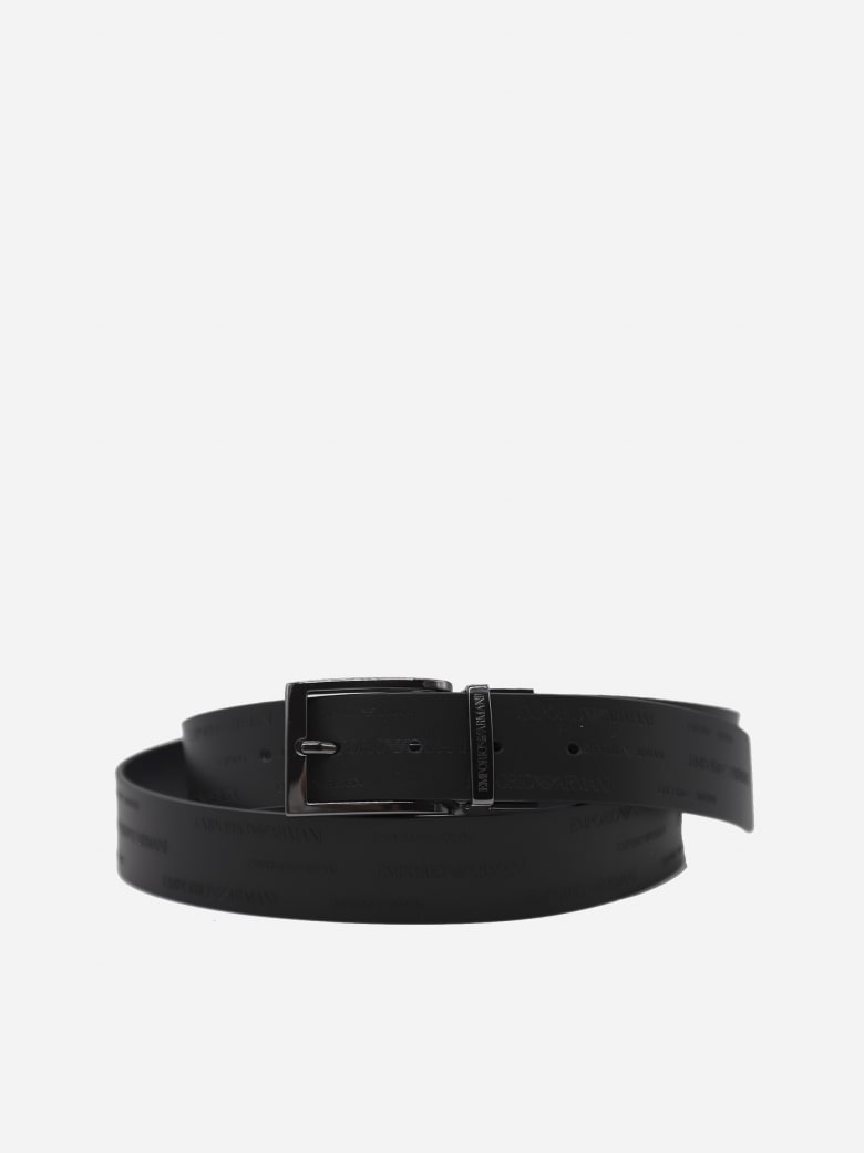 Emporio Armani drawstring-waist Leather Belt With All-over Logo Engraving - Black