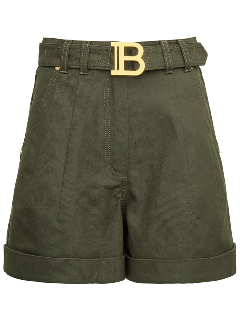 Balmain Belted Shorts In Arym Green Denim - Green