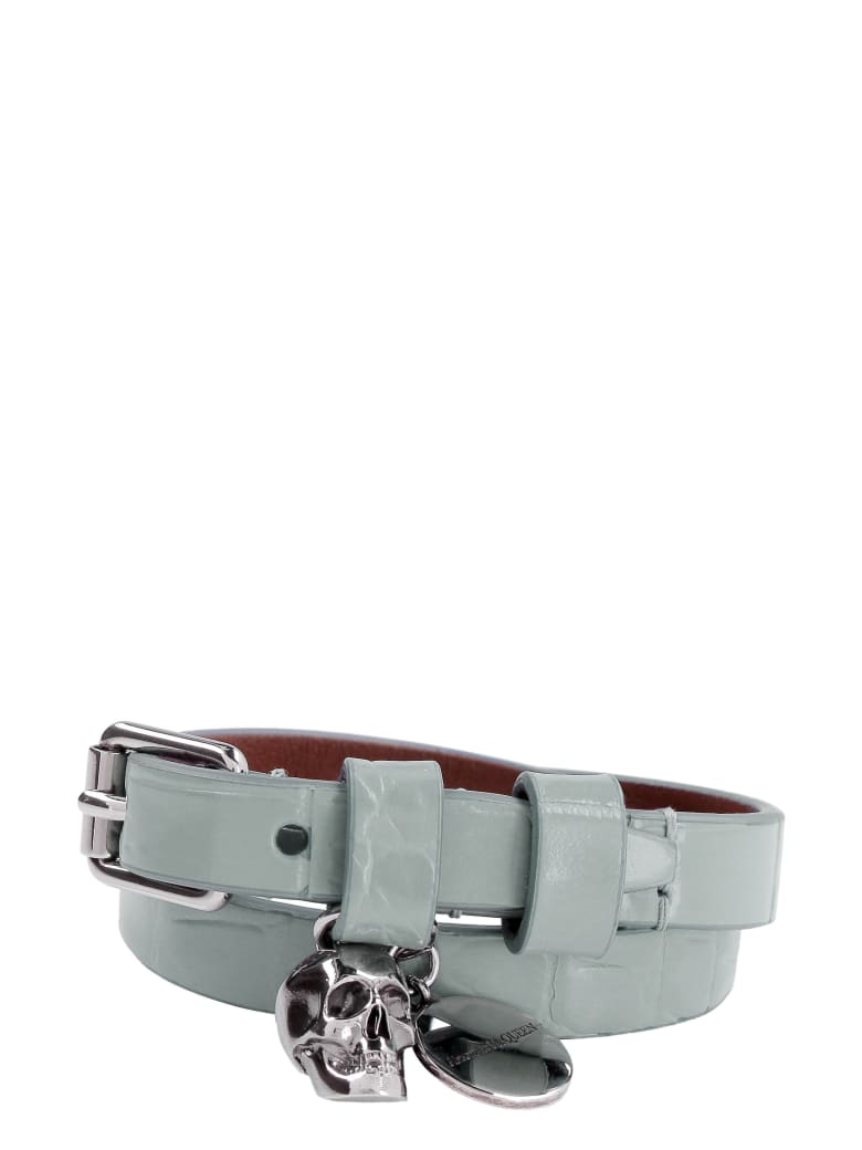 Alexander McQueen Skull Charm Leather Double-wrap Bracelet - grey