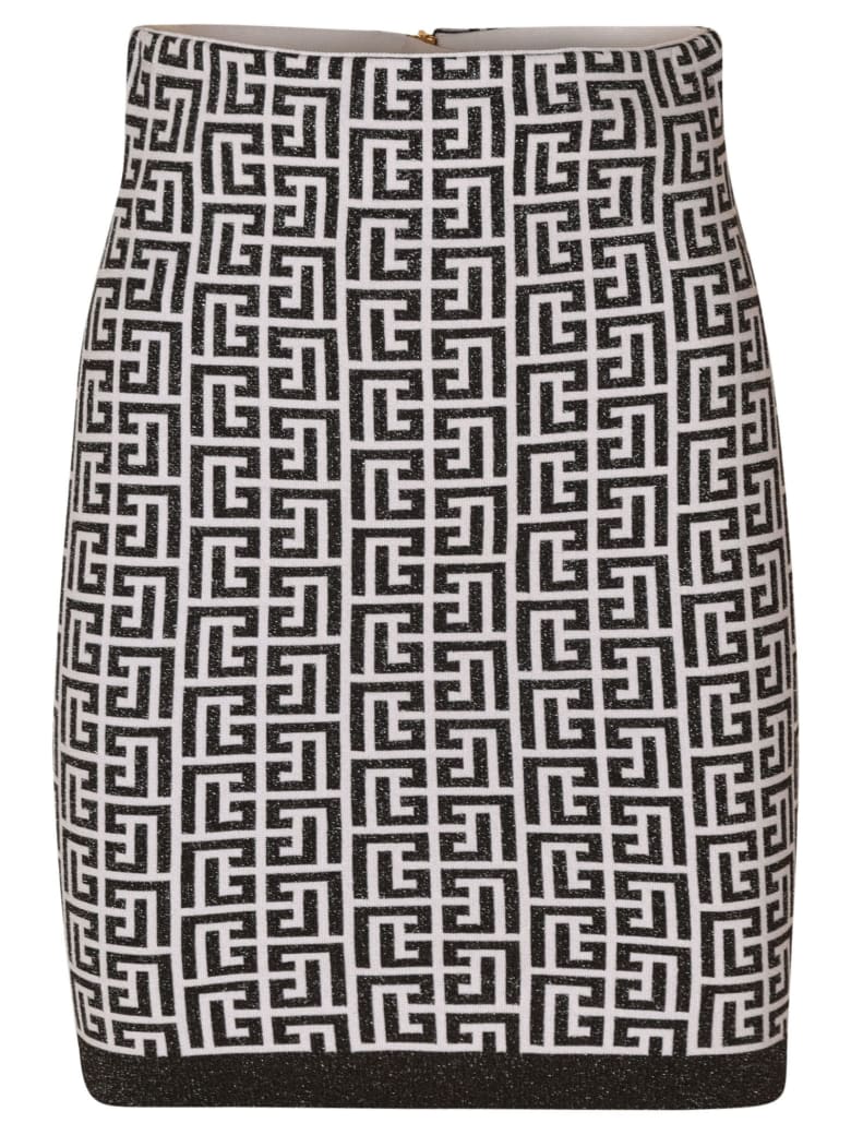 Balmain Rear Zip All-over Logo Short Skirt - White/Black