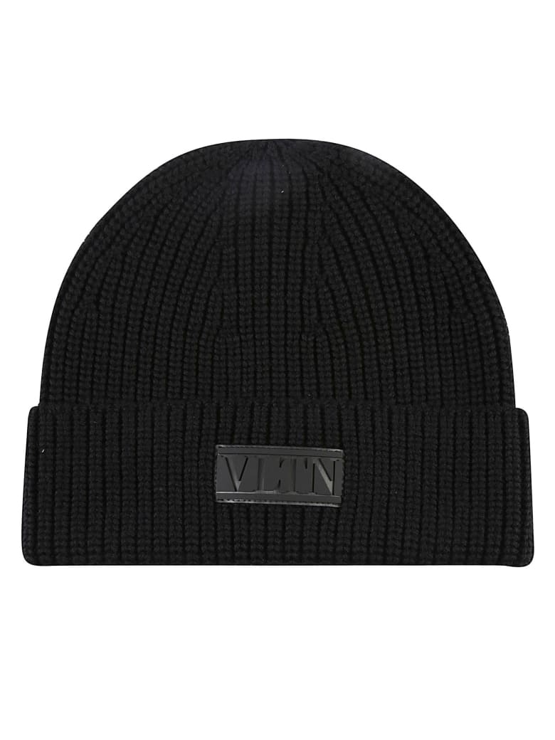 Valentino Garavani Vltn Logo Patched Knit Beanie - Black