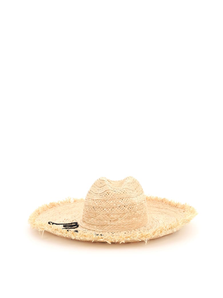 Miu Miu Straw Hat With Logo - NATURALE NERO (Beige)