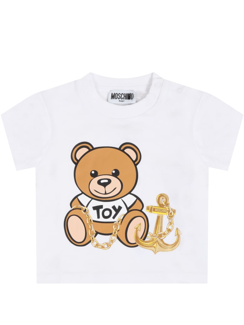 Moschino White T-shirt For Babykids With Teddy Bear - Bianco Ottico