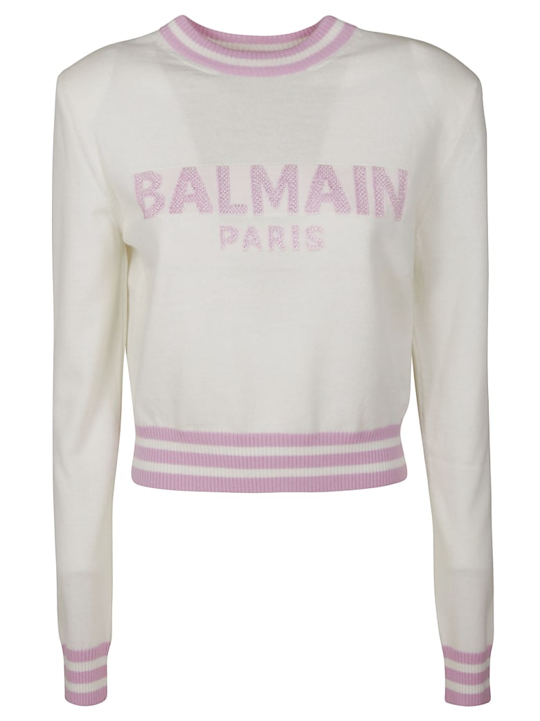 Balmain Logo Embroidered Stripe Detail Sweater - White