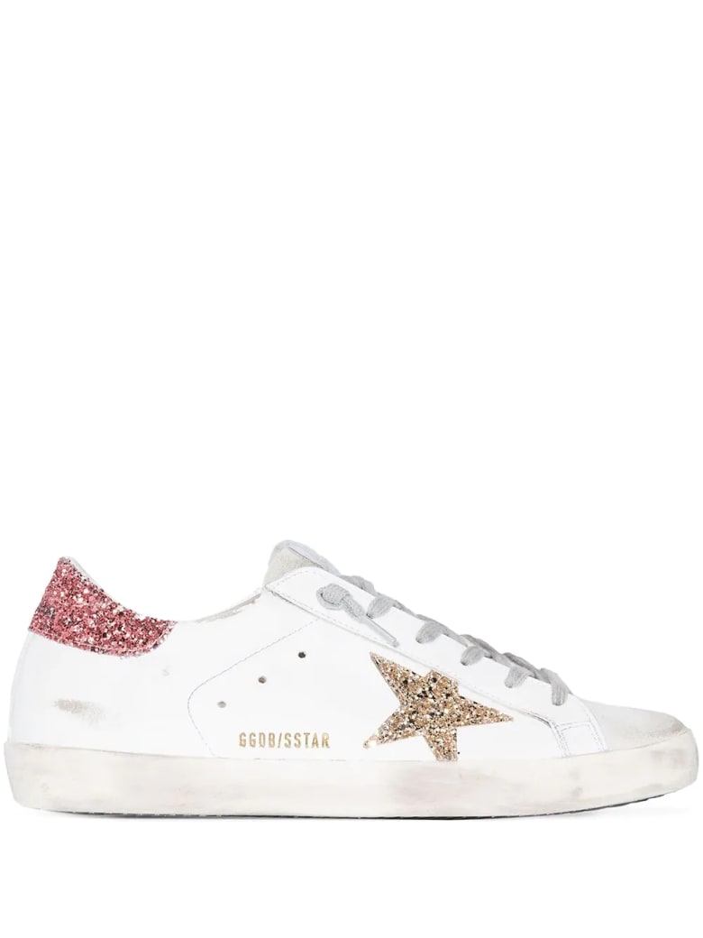 Golden Goose Woman White Super-star Sneakers With Pink And Gold Glitter Details